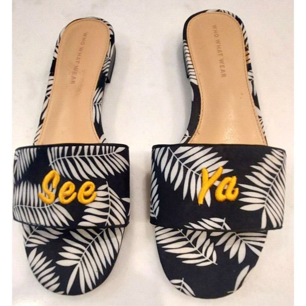 Who What Wear Sandals‎ Size 8.5 Sloan Slide Black & White Tropical “See Ya”